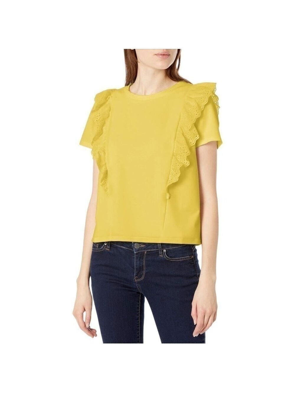 Sugarlips Skyler Eyelet Ruffle Knit Crewneck Short Sleeve Lemon Yellow Top Tee
